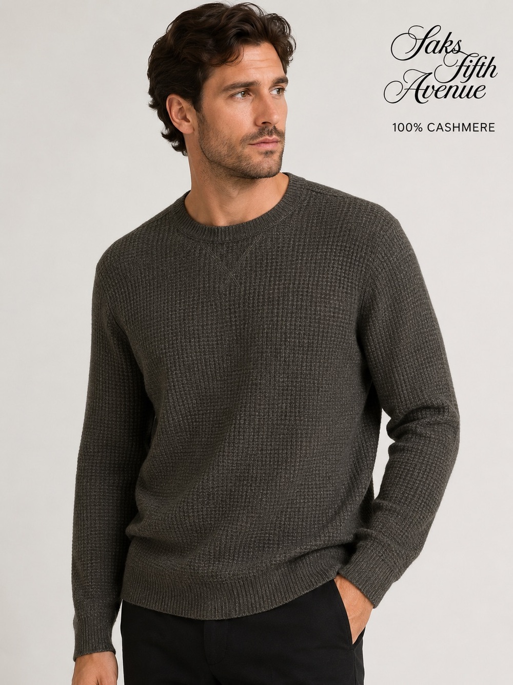 SAKS FIFTH 100% cashmere waffle knit crew neck charcoal sweater XL luxury money
